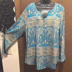 Bohemian Blue and Cream Graphic Bell Sleeve Tunic